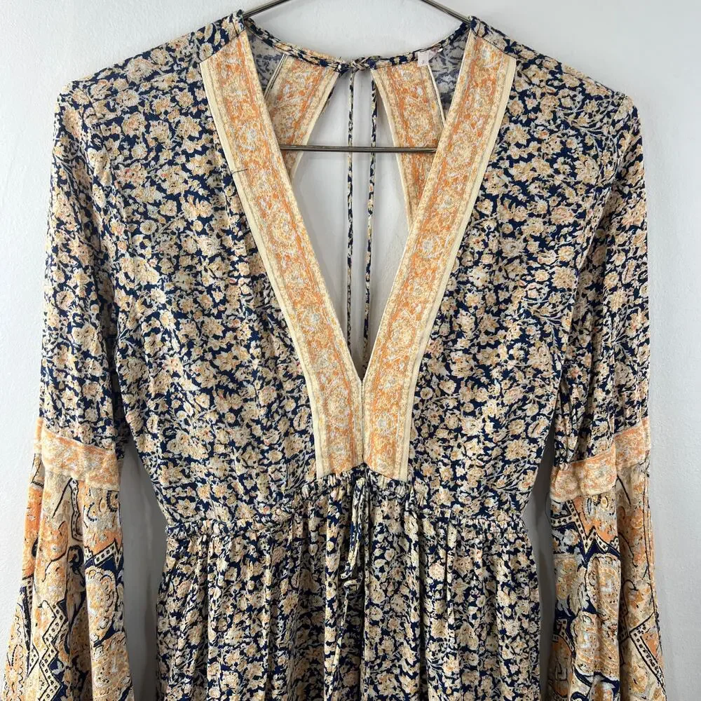 FREE PEOPLE Blue Yellow Romper Floral Once Upon a Summertime Bell Sleeve Small S - Picture 5 of 9